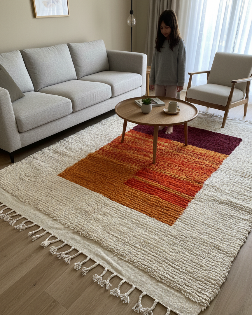 Handwoven Moroccan Berber Rug – 5.9’ × 7.5’ (180 × 230 cm) | High-Pile Wool Accent Rug | Sunset-Inspired Color Block