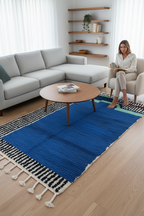 Modern Moroccan Berber Rug – Royal Blue with Abstract Black & White Stripes, Mint & Burgundy Accents | 4 x 7.2 ft (1.2 x 2.2 m) | Handmade Wool Art Rug