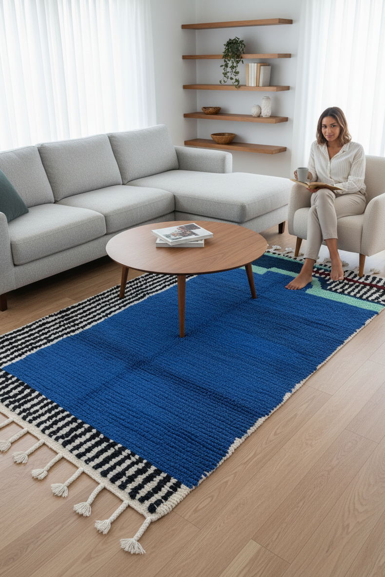 Modern Moroccan Berber Rug – Royal Blue with Abstract Black & White Stripes, Mint & Burgundy Accents | 4 x 7.2 ft (1.2 x 2.2 m) | Handmade Wool Art Rug