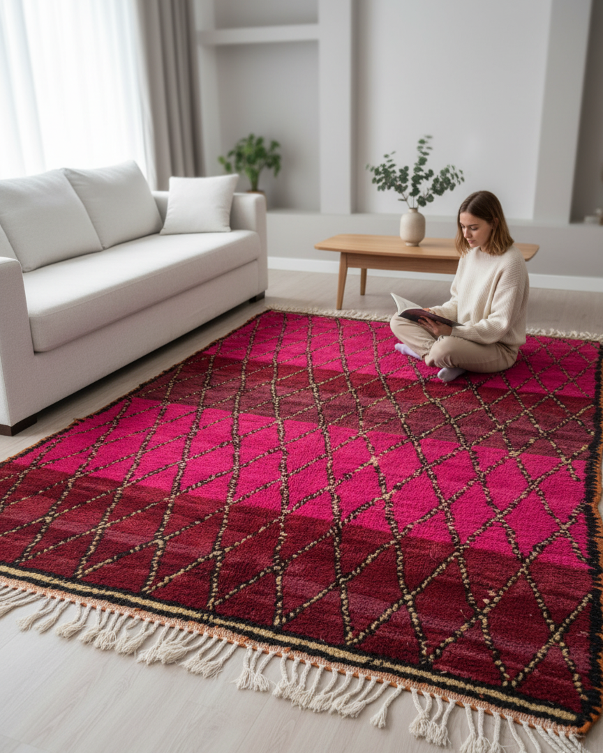 Handwoven Moroccan Berber Rug – Fuchsia & Crimson Diamond Lattice | 5.2’ × 6.9’ (160 × 210 cm) | Wool Area Rug