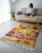 Handcrafted Moroccan Boucherouite Rug – Vibrant Mustard, Purple & Teal | 2.9’ × 3.9’ (90 × 120 cm) | Boho & Artistic Accent Rug