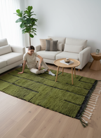 Handmade Moroccan Wool Area Rug – Olive Green with Black Line Pattern | 6.9 x 3.9 ft (2.1 x 1.2 m) | Modern Boho Living Room, Bedroom & Hallway Carpet