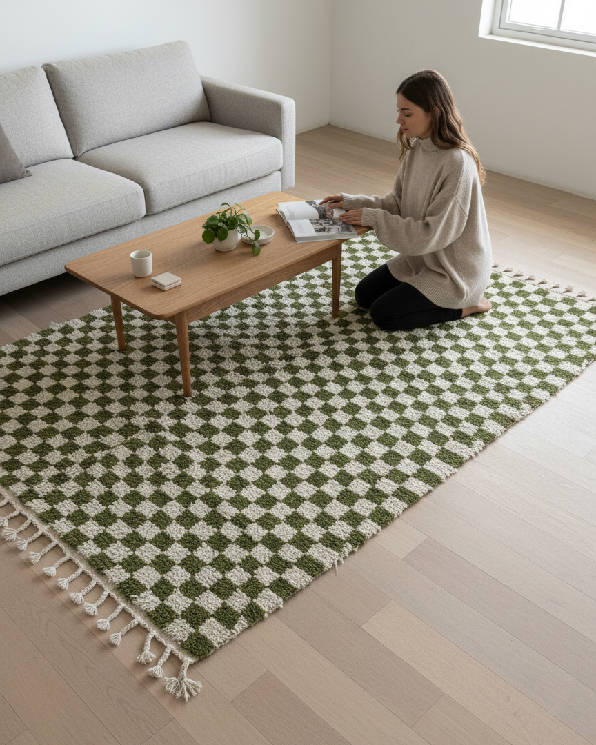 Moroccan Checkered Rug – Green & White Wool handmade Carpet | 8 x 5 ft (2.4 x 1.5 m) | Stylish Modern Handmade Living Room & Bedroom Area Rug