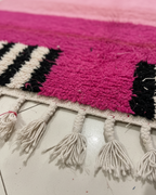 Handmade modern Carpet, Moroccan Rug, Area Rug in baby pink & fuchsia tones with black and white abstract linen pattern - Square Rug | 6.6 x 6.6 ft (2 x 2 m) | perfect for pink bedrooms & chic interiors.