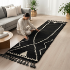Black Moroccan Runner Rug, Handmade Abstract Rug White Berber Signs – Wool Hallway Carpet | 2 x 10 ft (0.6 x 3.0 m)
