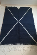Charming Black Moroccan Rug , Simple & Clean Wool Area Rug – Handmade Black with White Lines Berber Pattern | 4.8 x 7.5 ft (1.45 x 2.3 m) | Modern Boho Living Room, Bedroom & Hallway Rug