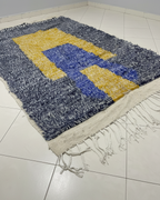 Modern Moroccan Rug – Abstract Geometric Yellow & Blue Design on Navy Heathered Background | 6.6 x 4.3 ft (2 x 1.3 m) | Handwoven Wool Statement Rug
