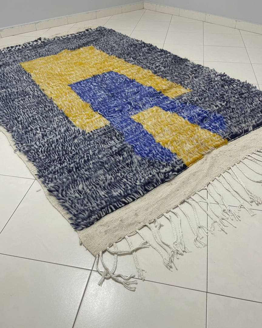 Modern Moroccan Rug – Abstract Geometric Yellow & Blue Design on Navy Heathered Background | 6.6 x 4.3 ft (2 x 1.3 m) | Handwoven Wool Statement Rug