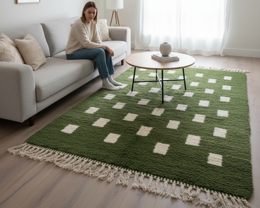 Handwoven Moroccan Berber Runner Rug – Green & White Geometric | 5’ × 15’ (150 × 457 cm) | Wool High-Pile Hallway Rug