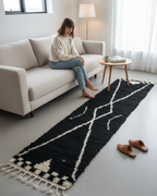 Handcrafted Moroccan Berber Runner Rug – Black & Cream Geometric | 2’ × 9.5’ (60 × 290 cm) | Modern Boho Hallway Runner