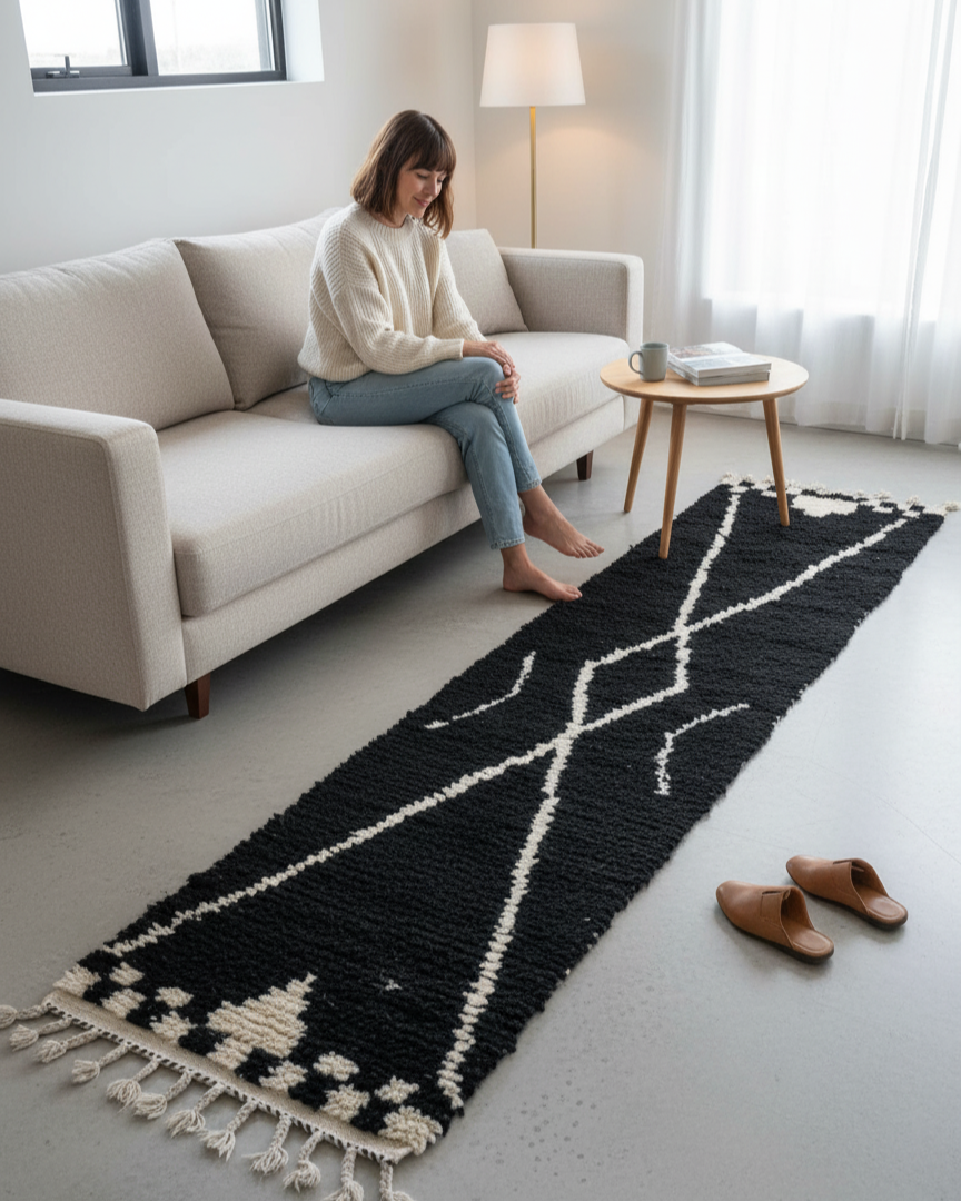 Handcrafted Moroccan Berber Runner Rug – Black & Cream Geometric | 2’ × 9.5’ (60 × 290 cm) | Modern Boho Hallway Runner