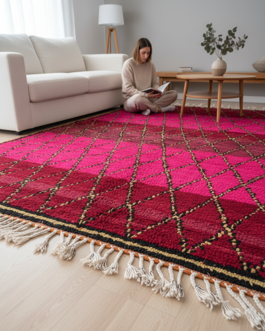 Handwoven Moroccan Berber Rug – Fuchsia & Crimson Diamond Lattice | 5.2’ × 6.9’ (160 × 210 cm) | Wool Area Rug