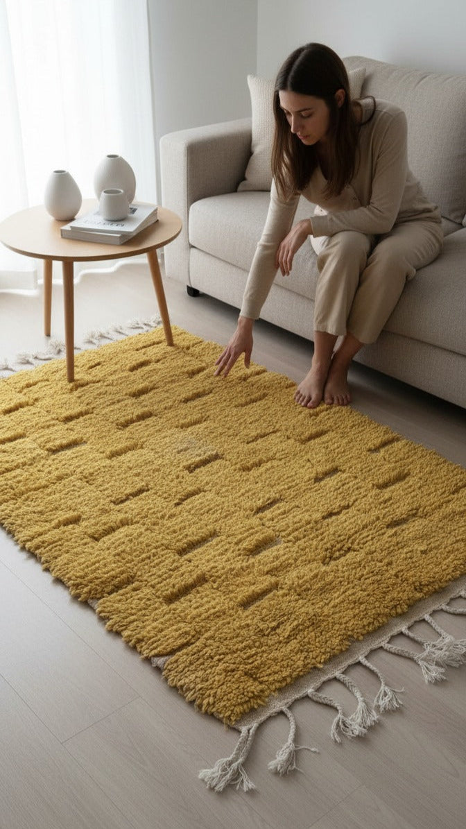 Handmade Carpet - Moroccan Yellow Runner Rug – Brick Pattern Rug for living room | 4.6 x 3.0 ft (1.4 x 0.9 m) | Vintage Modern Style for Hallways, Bedrooms & Entryways