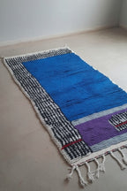 Gorgeous Blue area Rug , Purple living room carpet - Handmade Moroccan Runner Rug – Black & White Wool with Geometric Pattern | 3.3 x 7.5 ft (1 x 2.3 m) | Bedside Rug , Hallway Runner Rugs & Modern Boho Rug