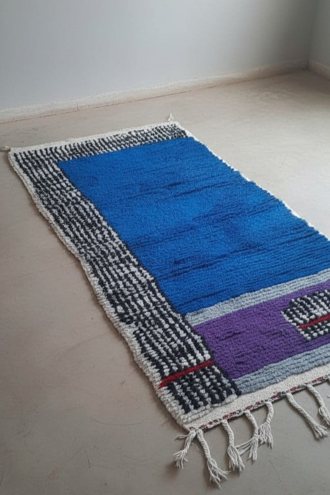 Gorgeous Blue area Rug , Purple living room carpet - Handmade Moroccan Runner Rug – Black & White Wool with Geometric Pattern | 3.3 x 7.5 ft (1 x 2.3 m) | Bedside Rug , Hallway Runner Rugs & Modern Boho Rug