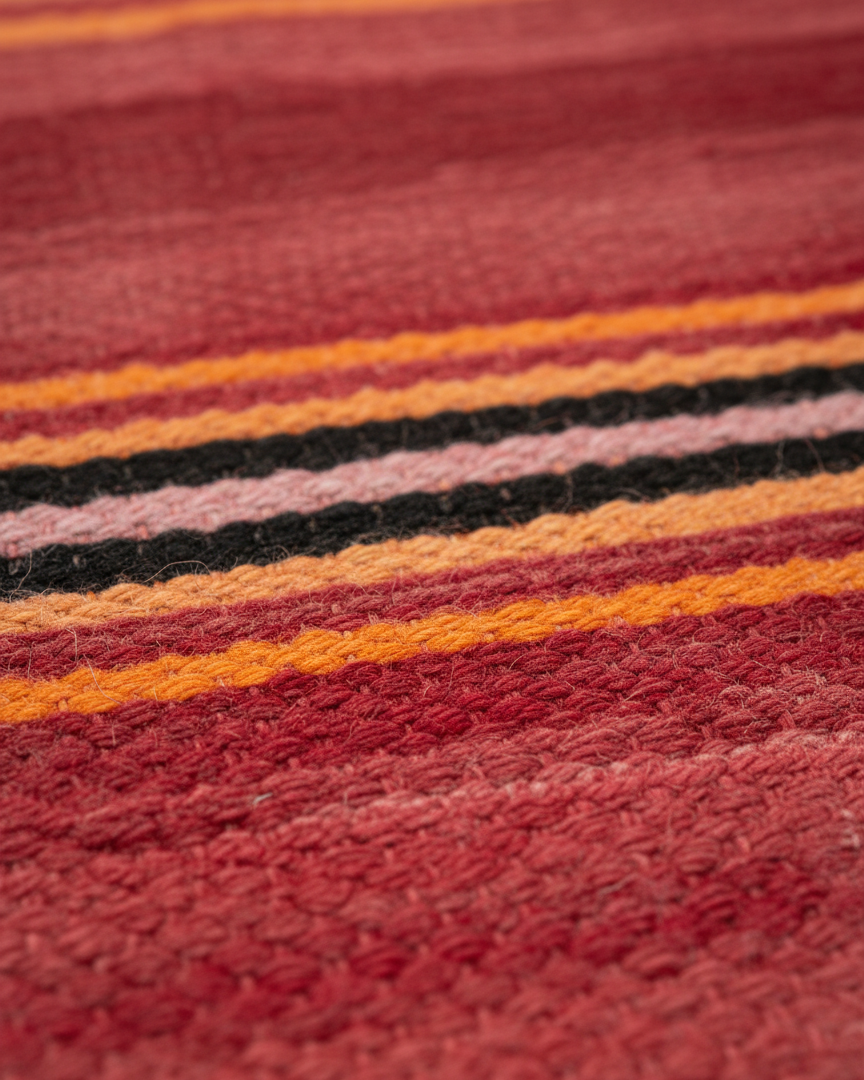 Vintage Moroccan Kilim Flatweave Rug – Handmade Wool Striped Carpet | 9.8 x 5.2 ft (3 x 1.6 m) | Red, Black, Orange & Yellow Rustic Boho