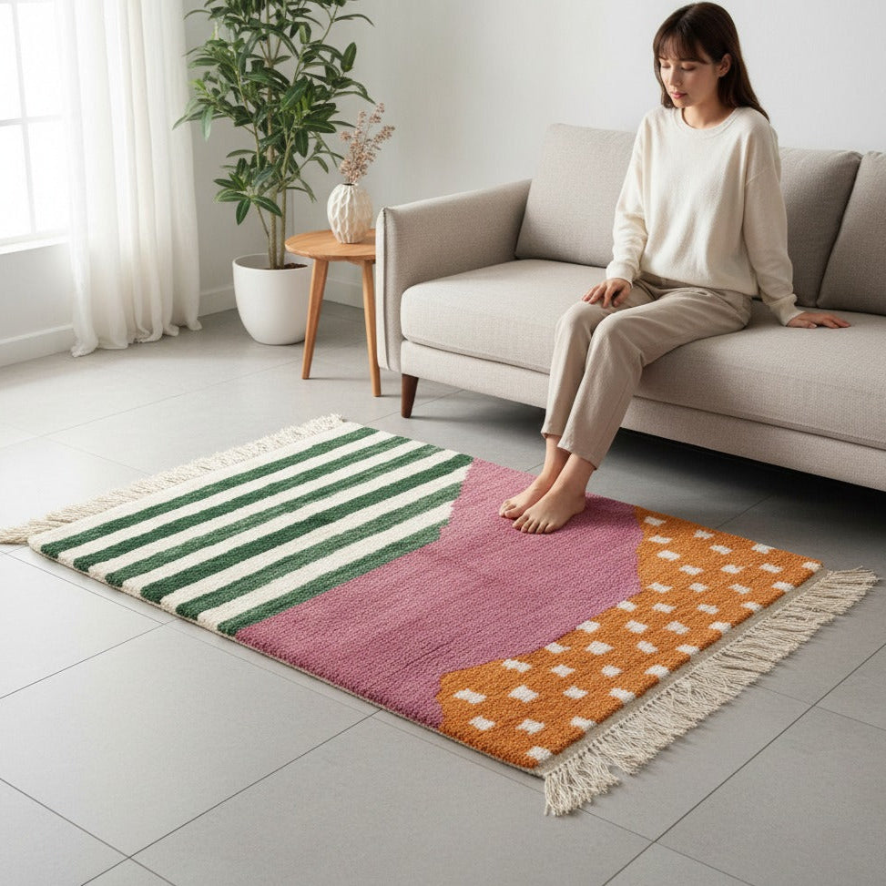 Modern Handmade Moroccan Luxury Rug – Large /area Rug 10.5 x 7.2 ft (3.2 x 2.2 m) | Green, Pink & Orange Wool Area Carpet for Living Room or Bedroom