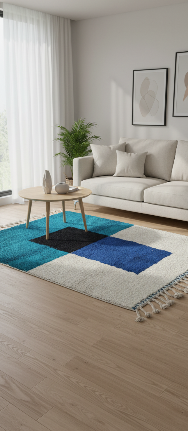 Authentic Handmade Moroccan Wool Area Rug – White & Turquoise Blue Carpet with Black & Blue Abstract Pattern | 4.9 x 7.2 ft (1.5 x 2.2 m) | Modern Boho Living Room & Bedroom Rug