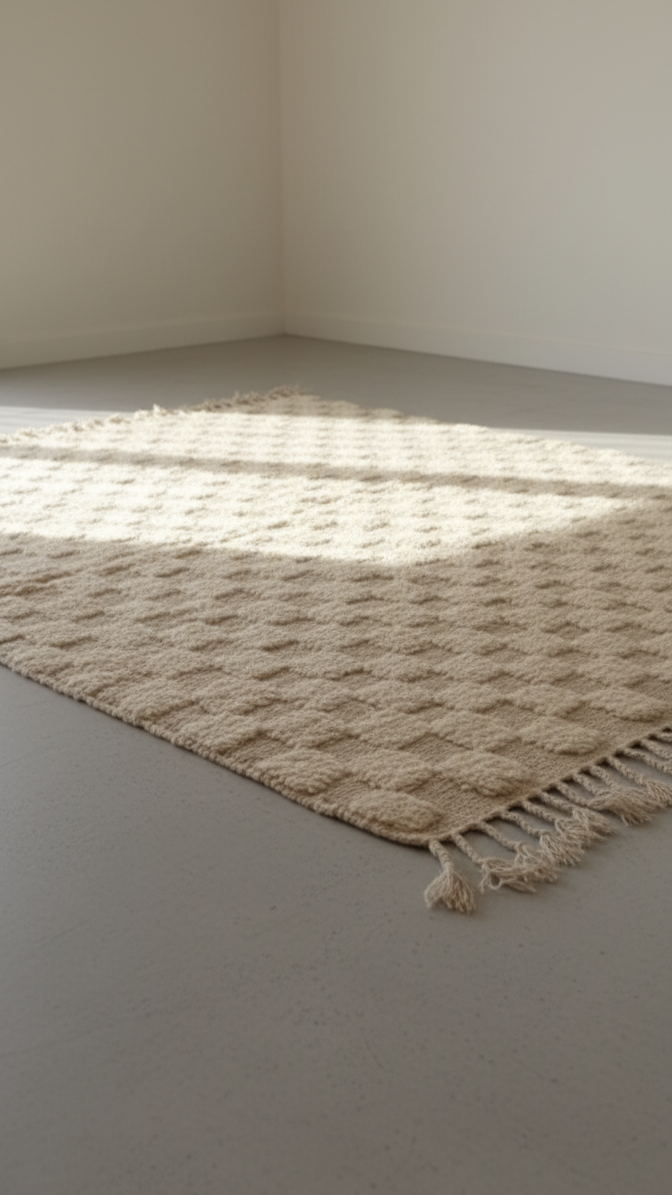 Perfect Rug for Living Room – White cream Checkered Carpet | Area rug 4.6’ × 6.7’ (140 × 205 cm) Neutral Beige & Cream | Boho Rugs , Scandinavian & Minimalist bedroom Rug