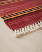 Vintage Moroccan Kilim Flatweave Rug – Handmade Wool Striped Carpet | 9.8 x 5.2 ft (3 x 1.6 m) | Red, Black, Orange & Yellow Rustic Boho