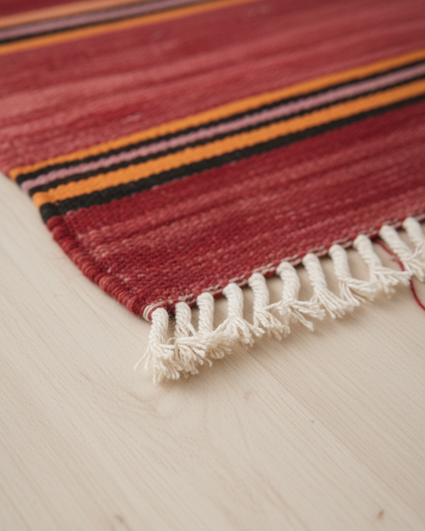 Vintage Moroccan Kilim Flatweave Rug – Handmade Wool Striped Carpet | 9.8 x 5.2 ft (3 x 1.6 m) | Red, Black, Orange & Yellow Rustic Boho
