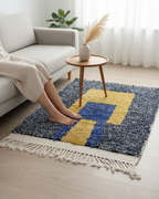 Modern Moroccan Rug – Abstract Geometric Yellow & Blue Design on Navy Heathered Background | 6.6 x 4.3 ft (2 x 1.3 m) | Handwoven Wool Statement Rug