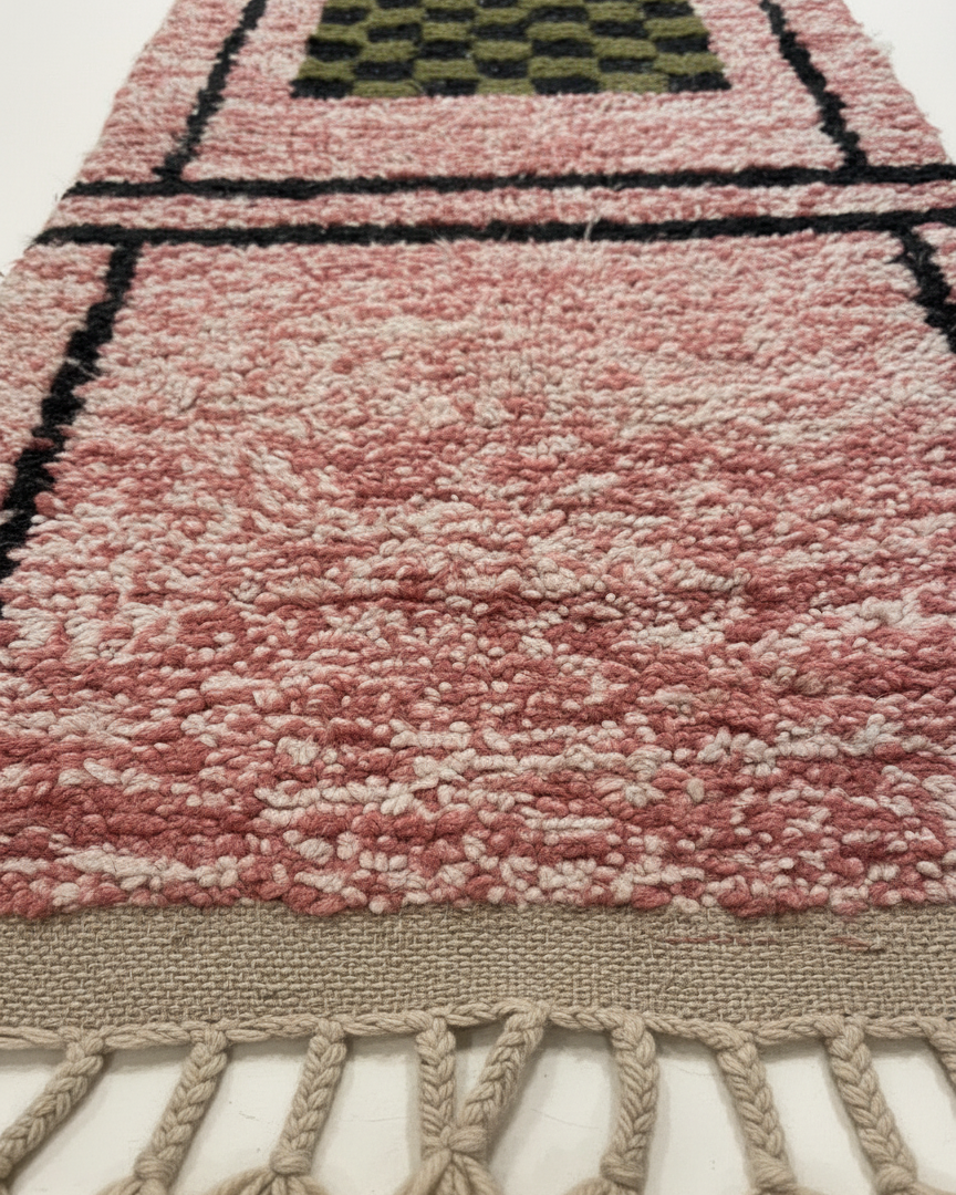 Handmade Moroccan Runner Rug – Dusty Rose with Checkerboard Design | 8.2 x 2.3 ft (2.5 x 0.7 m) | Wool Hallway & Entryway Carpet
