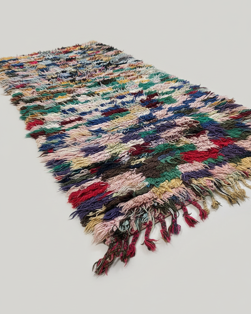 Handmade Moroccan Boucherouite Runner Rug – Colorful Shaggy Rag Rug | 3.6 x 8.2 ft (1.1 x 2.5 m) | Eclectic Boho Hallway Carpet