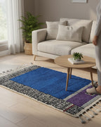 Gorgeous Blue area Rug , Purple living room carpet - Handmade Moroccan Runner Rug – Black & White Wool with Geometric Pattern | 3.3 x 7.5 ft (1 x 2.3 m) | Bedside Rug , Hallway Runner Rugs & Modern Boho Rug