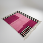 Handmade modern Carpet, Moroccan Rug, Area Rug in baby pink & fuchsia tones with black and white abstract linen pattern - Square Rug | 6.6 x 6.6 ft (2 x 2 m) | perfect for pink bedrooms & chic interiors.