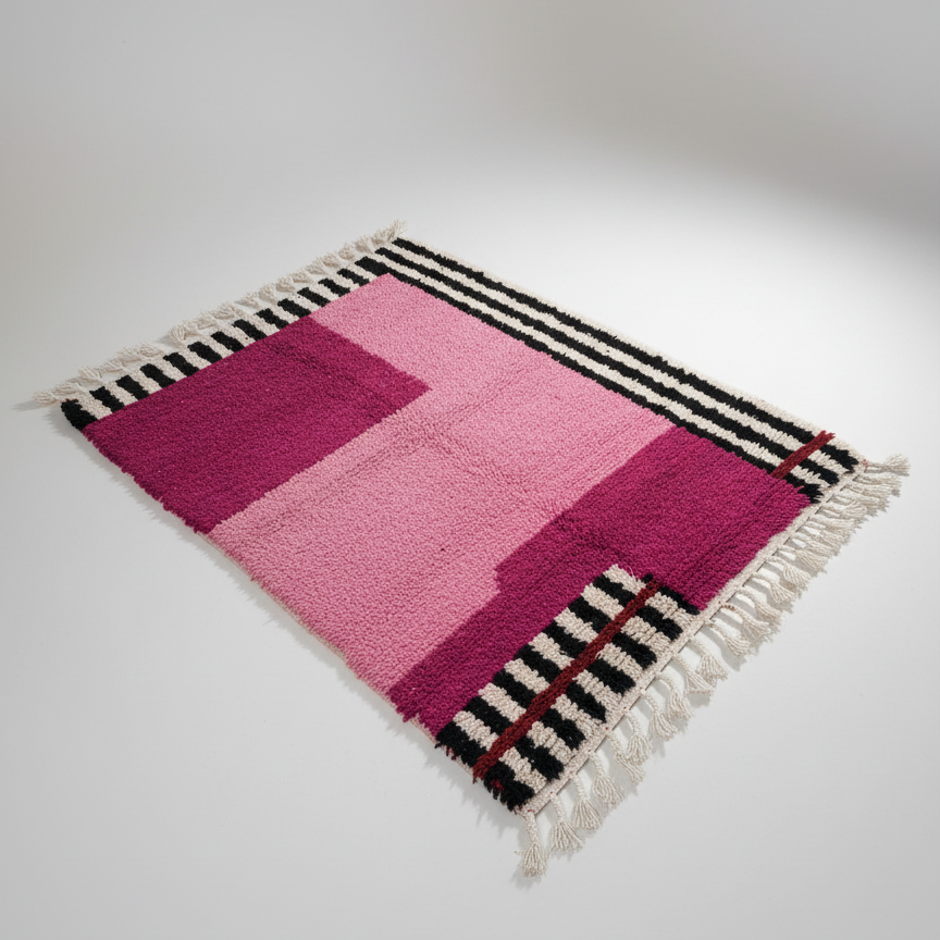 Handmade modern Carpet, Moroccan Rug, Area Rug in baby pink & fuchsia tones with black and white abstract linen pattern - Square Rug | 6.6 x 6.6 ft (2 x 2 m) | perfect for pink bedrooms & chic interiors.