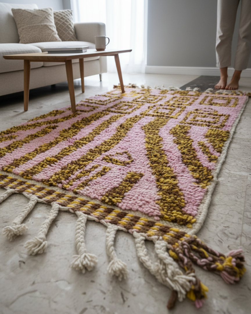Handcrafted Moroccan Rug – Dusty Pink & Ochre Geometric-Shag Design | 2.7’ × 4.2’ (82 × 128 cm) | Boho Wool Accent Rug