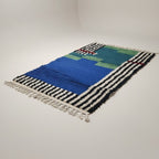 Handmade Wool Runner Rug – Moroccan Blue Runner Rug with Black & White Linen Sides | 5.1 x 3.0 ft (1.55 x 0.9 m) | Hallway & Entryway Boho Accent Carpet
