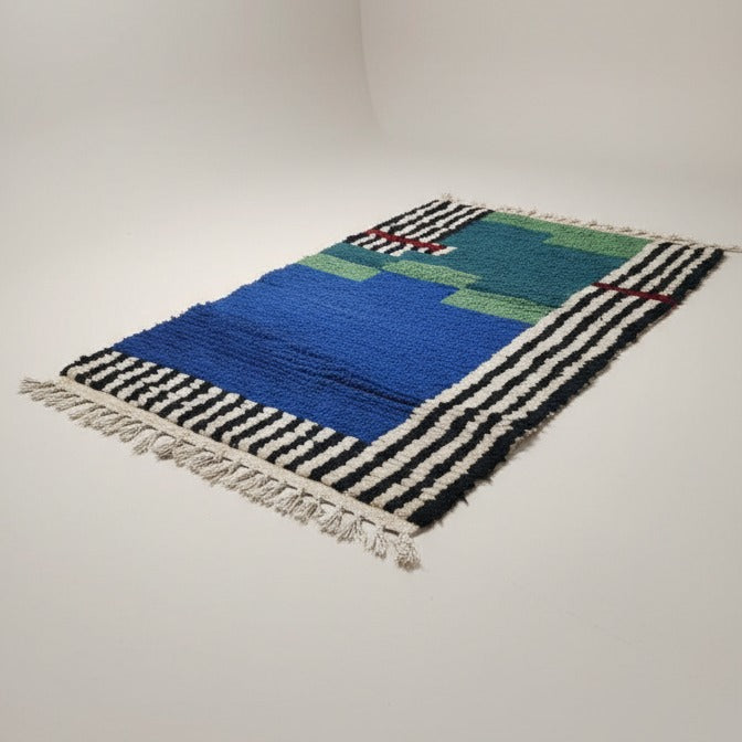Handmade Wool Runner Rug – Moroccan Blue Runner Rug with Black & White Linen Sides | 5.1 x 3.0 ft (1.55 x 0.9 m) | Hallway & Entryway Boho Accent Carpet