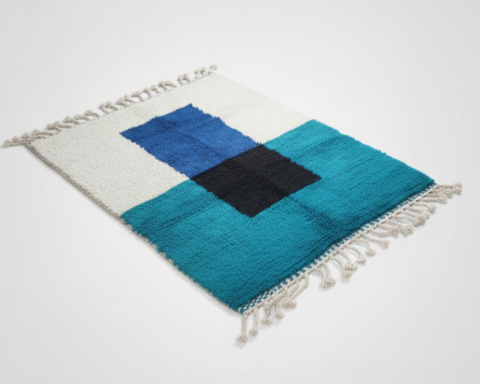 Authentic Handmade Moroccan Wool Area Rug – White & Turquoise Blue Carpet with Black & Blue Abstract Pattern | 4.9 x 7.2 ft (1.5 x 2.2 m) | Modern Boho Living Room & Bedroom Rug