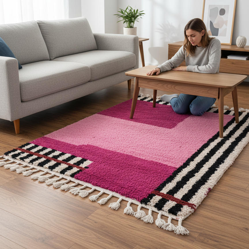 Handmade modern Carpet, Moroccan Rug, Area Rug in baby pink & fuchsia tones with black and white abstract linen pattern - Square Rug | 6.6 x 6.6 ft (2 x 2 m) | perfect for pink bedrooms & chic interiors.