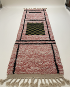 Handmade Moroccan Runner Rug – Dusty Rose with Checkerboard Design | 8.2 x 2.3 ft (2.5 x 0.7 m) | Wool Hallway & Entryway Carpet