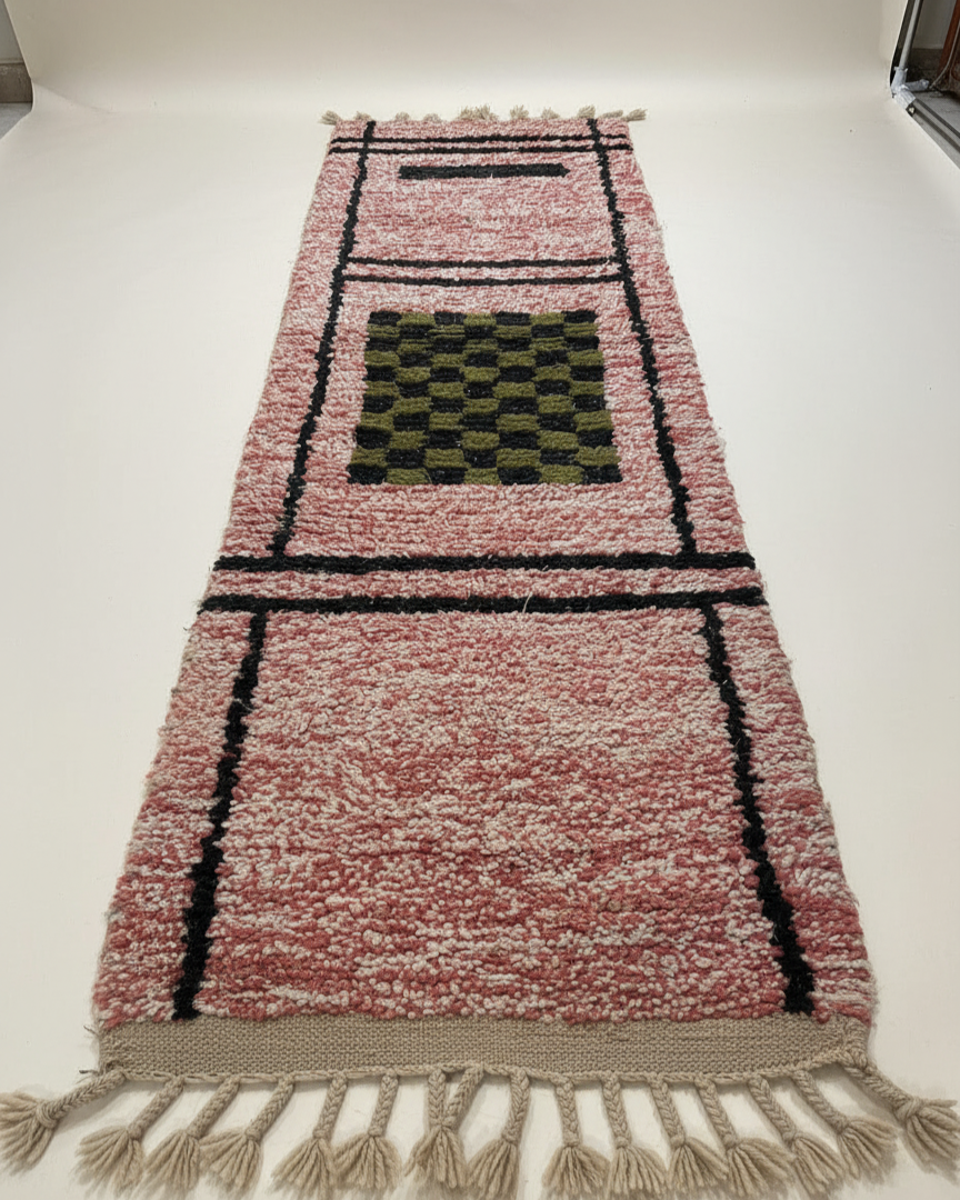 Handmade Moroccan Runner Rug – Dusty Rose with Checkerboard Design | 8.2 x 2.3 ft (2.5 x 0.7 m) | Wool Hallway & Entryway Carpet