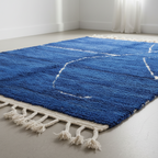 Authentic Moroccan Carpet - Handmade Wool Area Rugs – Blue Rug with White Line Pattern Relief | 6.1 x 8.0 ft (1.85 x 2.45 m) | Modern Boho Living Room, Bedroom & Area Rug