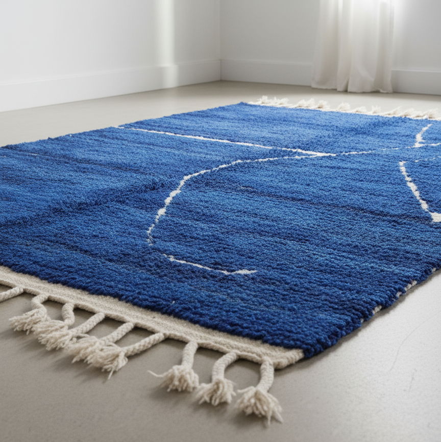 Authentic Moroccan Carpet - Handmade Wool Area Rugs – Blue Rug with White Line Pattern Relief | 6.1 x 8.0 ft (1.85 x 2.45 m) | Modern Boho Living Room, Bedroom & Area Rug
