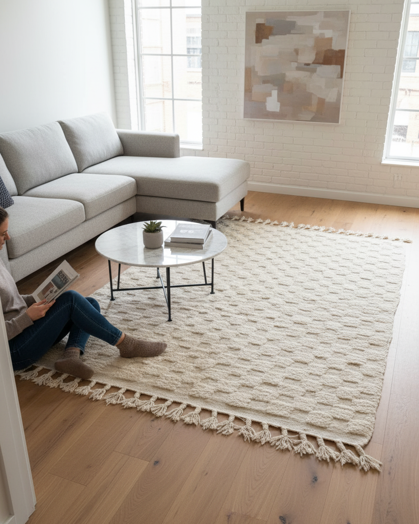 White Area Rug , Handmade Checkered Rugs –  Luxury Carpet Neutral Beige & Cream Rugs for Living room bedroom | 5.24’ × 8.53’  (160 × 260 cm) Boho, Scandinavian & Minimalist Area Rug