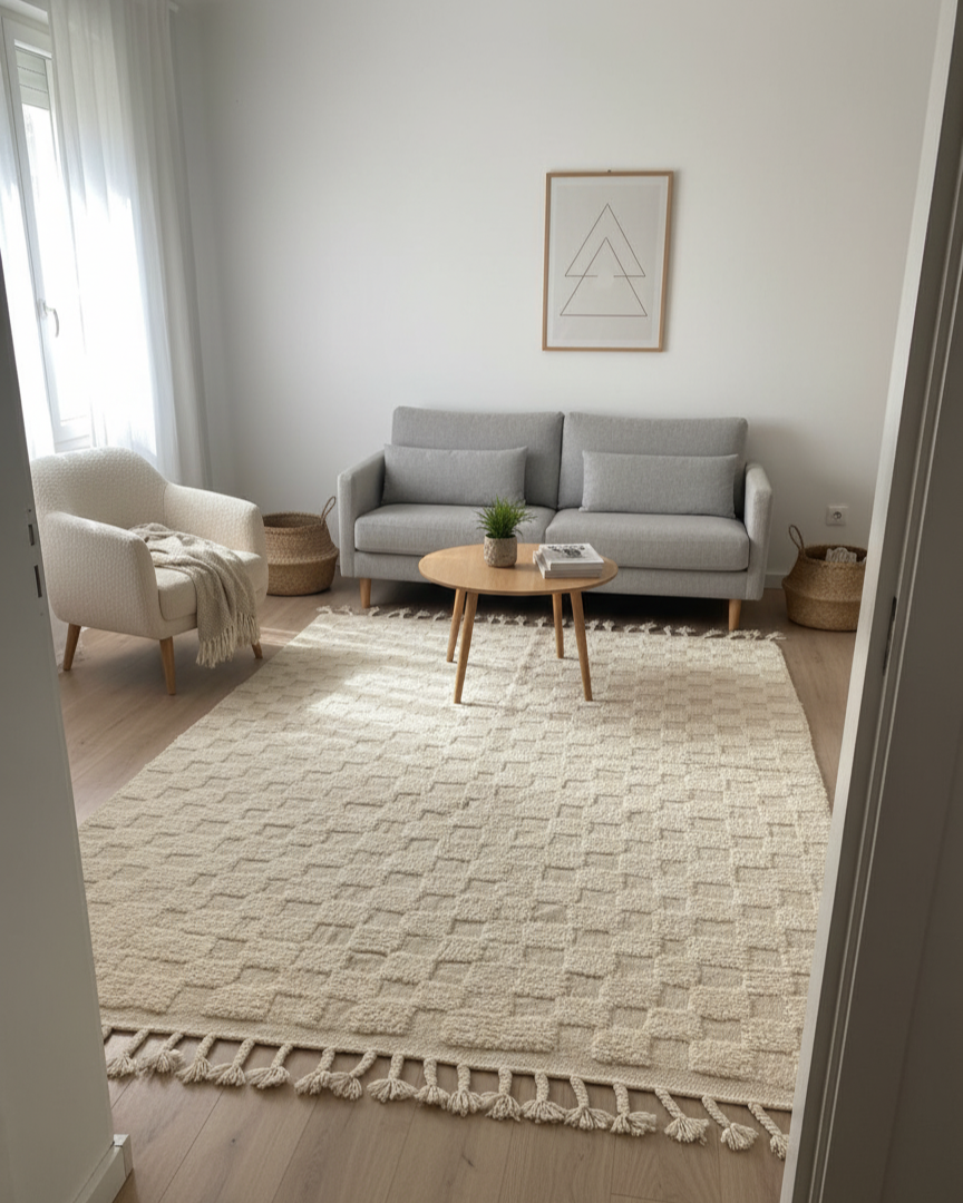 White Area Rug , Handmade Checkered Rugs –  Luxury Carpet Neutral Beige & Cream Rugs for Living room bedroom | 5.24’ × 8.53’  (160 × 260 cm) Boho, Scandinavian & Minimalist Area Rug
