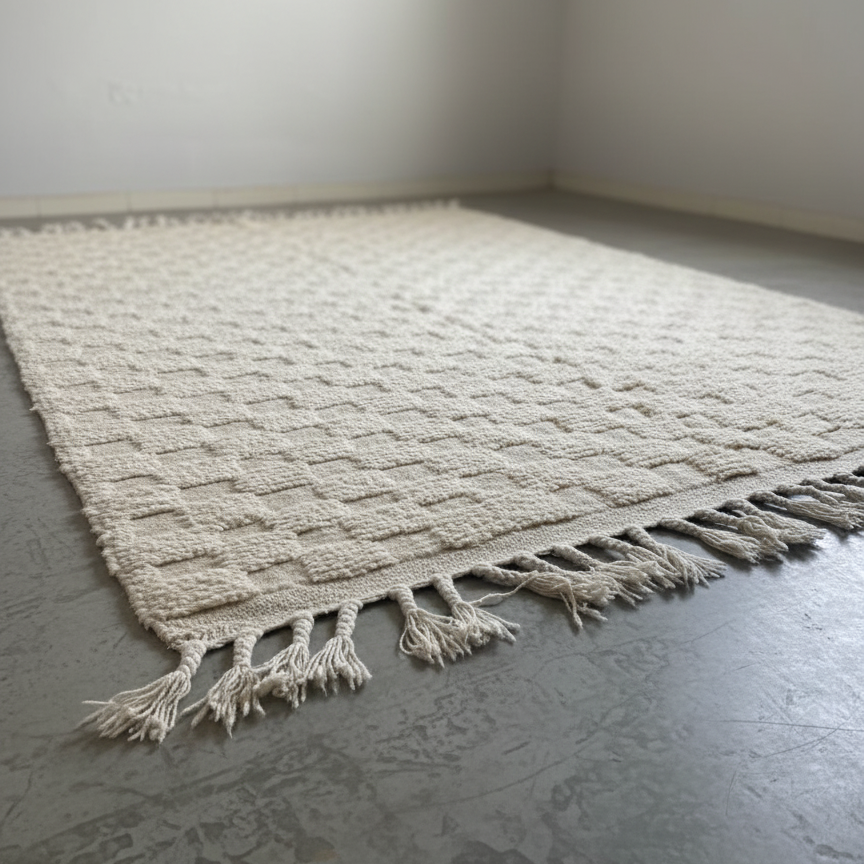 White Area Rug , Handmade Checkered Rugs –  Luxury Carpet Neutral Beige & Cream Rugs for Living room bedroom | 5.24’ × 8.53’  (160 × 260 cm) Boho, Scandinavian & Minimalist Area Rug