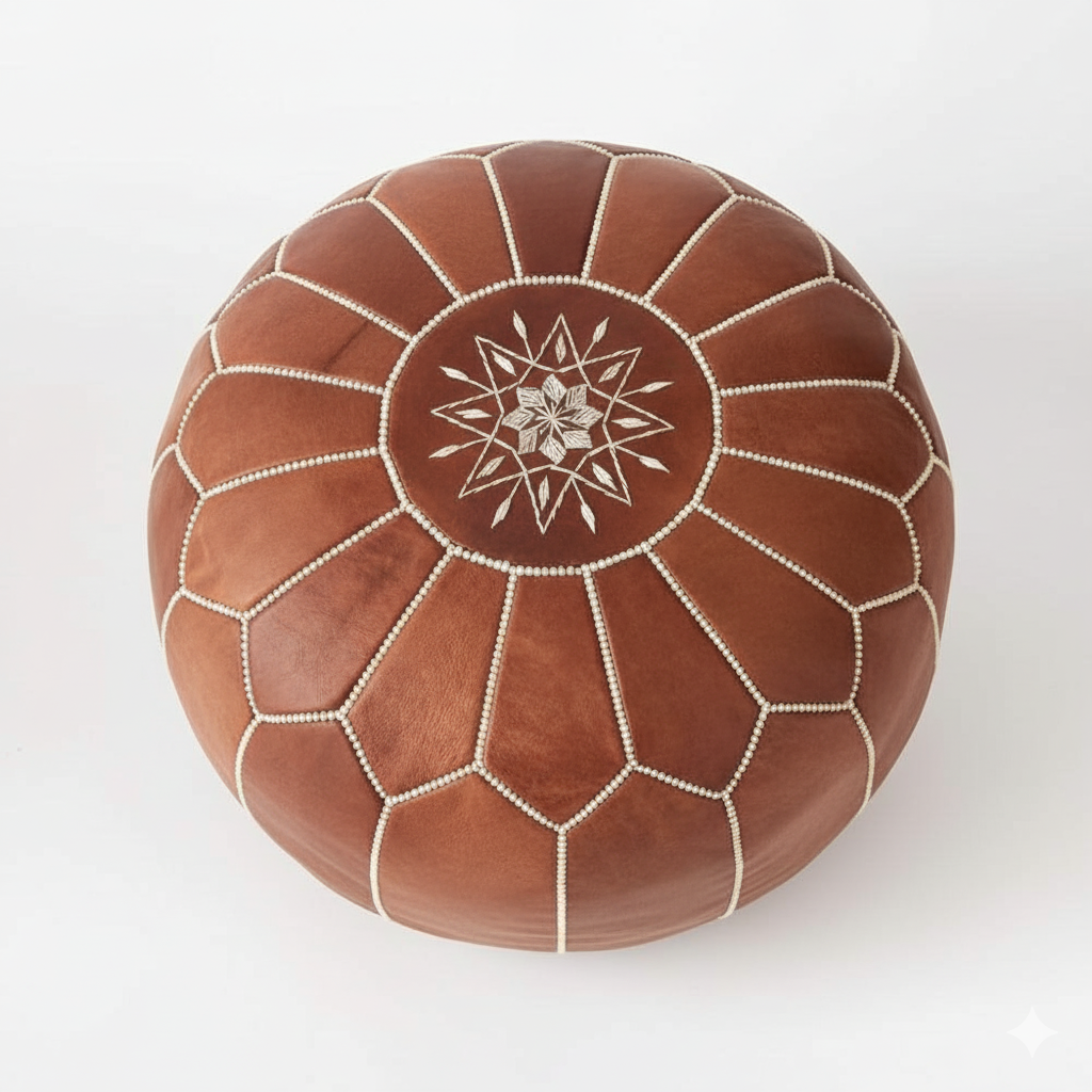 Authentic Leather Pouf , Moroccan Seat Handmade Ottoman - Brown Leather seat , Berber Pouffe