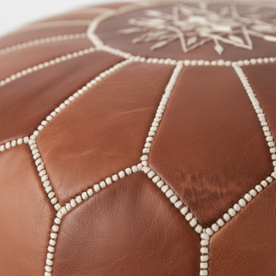Authentic Leather Pouf , Moroccan Seat Handmade Ottoman - Brown Leather seat , Berber Pouffe