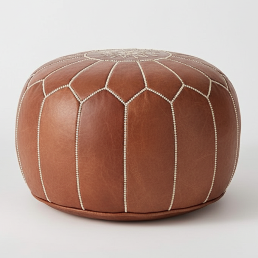 Authentic Leather Pouf , Moroccan Seat Handmade Ottoman - Brown Leather seat , Berber Pouffe