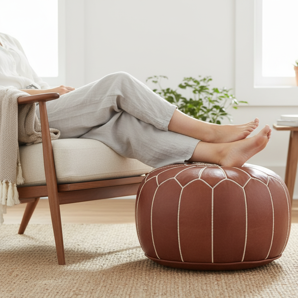 Authentic Leather Pouf , Moroccan Seat Handmade Ottoman - Brown Leather seat , Berber Pouffe