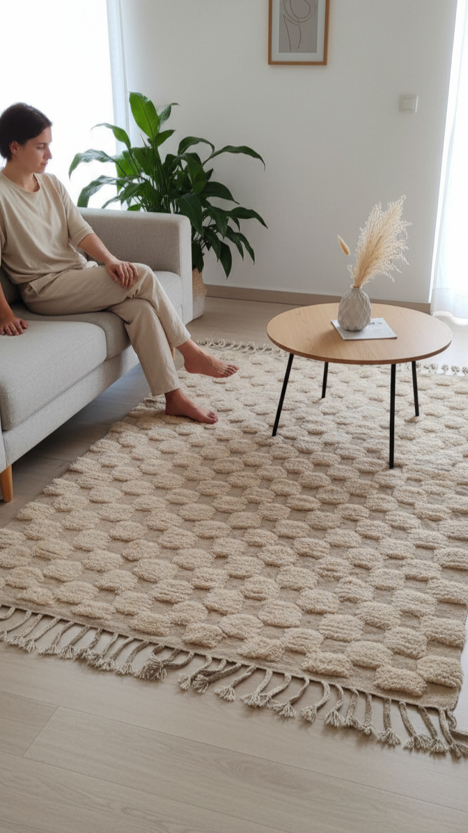 Handmade Beige/White Area Rug – 5.6’ × 8.66’ (172 × 264 cm) | Moroccan hand Tufted  Checkered Rug for living room | Boho Bedroom rugs & Scandinavian Decor Carpet