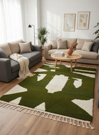 Handmade Moroccan Wool Rug – Green & White Abstract Berber Carpet (4.6 x 8 ft / 1.4 x 2.45 m) – Modern Boho Area Rug