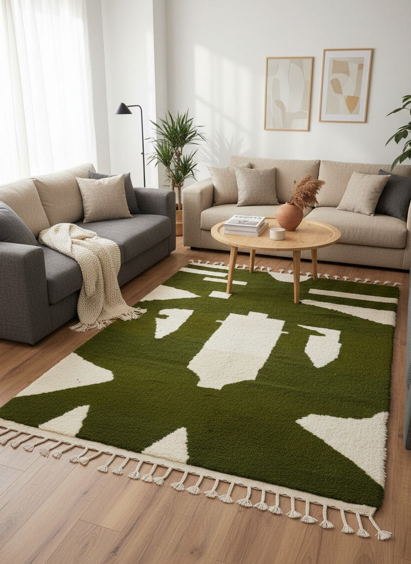 Handmade Moroccan Wool Rug – Green & White Abstract Berber Carpet (4.6 x 8 ft / 1.4 x 2.45 m) – Modern Boho Area Rug